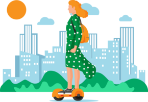 Woman riding on hoverboard and cityscape png