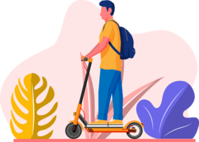 Guy with backpack rolling on electric scooter. png