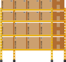 Metallic shelves with carton brown boxes. png