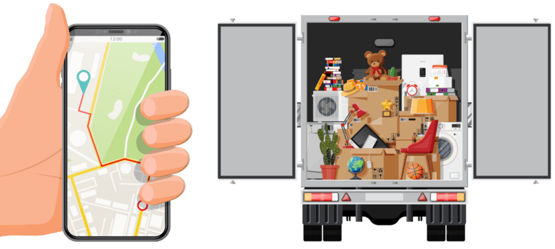 leverans lastbil full av Hem grejer inuti. png