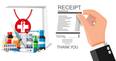 Medicine collection in bag, hand with receipt. png