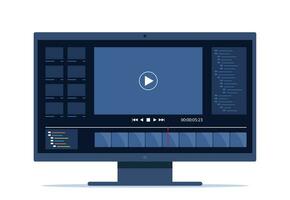 Video editing on desktop computer. Software to edit videos on screen with timeline and user interface. Multimedia and film production concept. Vector illustration.