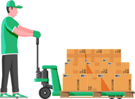 Hand pallet truck with cardboard boxes png