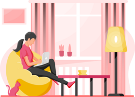 pigiste femme avec portable dans pouf chaise. png