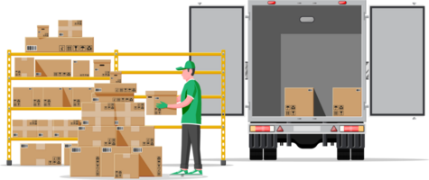 Warehouse shelves with boxes, truck and mover png