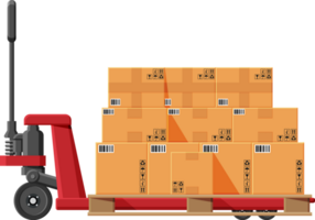 Hand pallet truck with cardboard boxes png