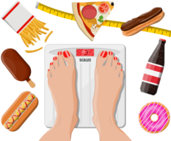 Overweight woman standing on bathroom scale png