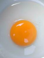 crudo huevos, parte superior ver de uno crudo huevos yema de huevo en cuenco en aislado blanco antecedentes. foto