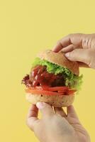 Female Hand Hold Mini Beef  Burger photo