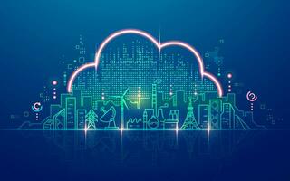 concepto de iot o nube informática tecnología, gráfico de nube forma con futurista ciudad vector