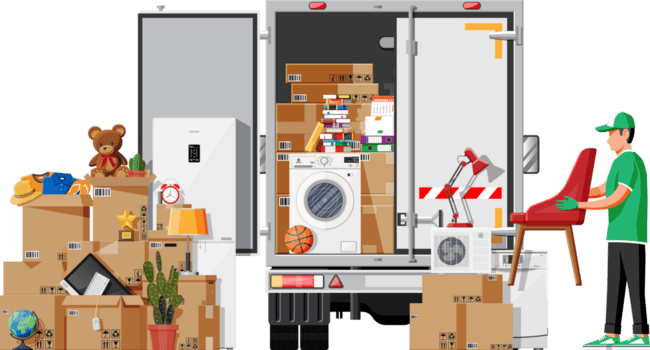 leverans lastbil full av Hem grejer inuti. png