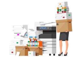 estresado mujer de negocios en pila de oficina documentos png