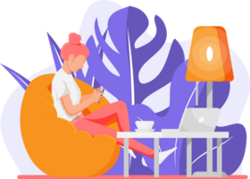 Freelancer woman with laptop in beanbag chair. png