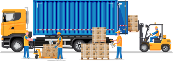 Forklift loading pallet boxes into lorry truck png