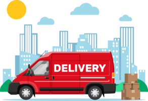 Red delivery van and cardboard boxes, cityscape png