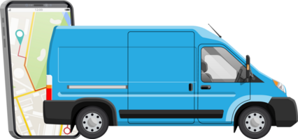 Delivery van and smartphone with navigation app. png