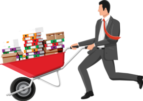 Businessman and pile of folders in wheelbarrow png