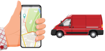Delivery van and smartphone with navigation app. png