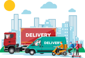 Delivery man on van truck, scooter, bicycle png