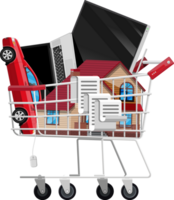Supermarket shopping cart with goods png