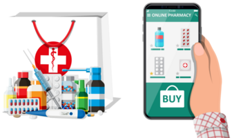 Hand holding phone with internet pharmacy app png