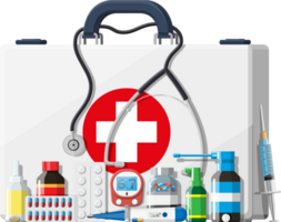 medizinisch zuerst Hilfe Kit mit anders Tabletten Geräte png