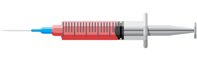 Medical plastic syringe with red liquid. png