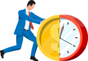 Businessman pushing dollar coin clock. png