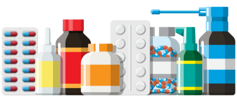 Set of bottles, tablets, pills, capsules and spray png