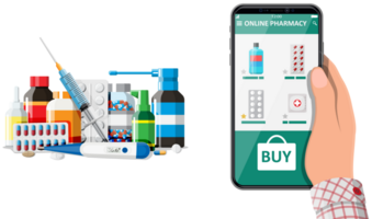 Hand holding phone with internet pharmacy app png
