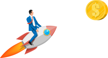 Successful business man flying on rocket on graph png