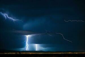 AI generated lightning strikes over the desert in the night sky photo