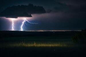 AI generated lightning strikes over a field with a city in the background photo