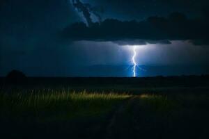 AI generated a lightning bolt is seen over a field with grass and trees photo