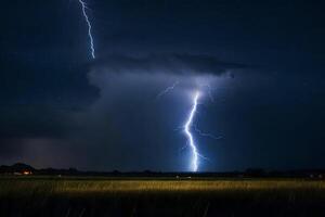 AI generated lightning strikes over a field at night photo