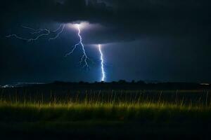 AI generated lightning strikes over a field in the dark photo