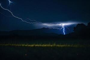 AI generated lightning strikes over a field with mountains in the background photo