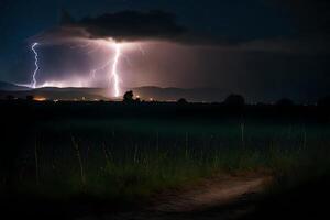 AI generated lightning strikes over a field at night photo