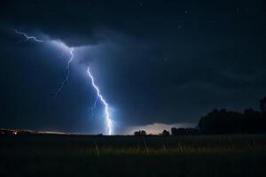 AI generated lightning strikes over a field at night photo