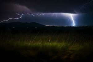 AI generated lightning strikes over the mountains in the background photo