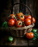 AI generated Ripe tomatoes in a basket on a dark wooden background. Selective focus. photo