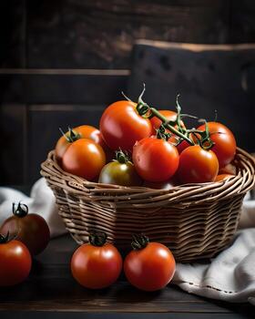 ai generado maduro Tomates en un cesta en un oscuro de madera antecedentes. selectivo enfocar. foto