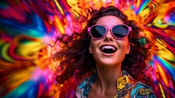 AI generated a woman with sunglasses and a colorful background photo