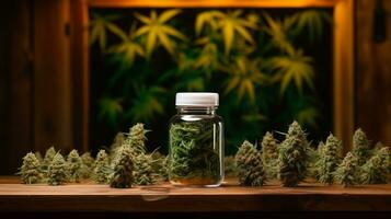 AI generated a bottle of cannabis is sitting on a table with marijuana plants photo