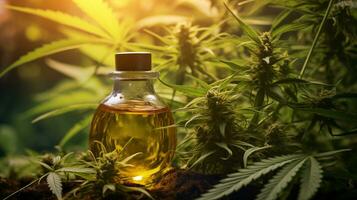AI generated cbd oil in a bottle with cannabis plants photo