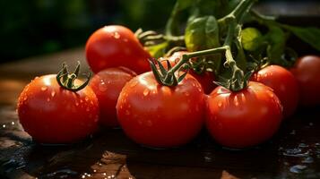 AI generated a bunch of tomatoes on a wooden table photo