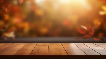 AI generated empty wooden table with autumn leaves on the background photo