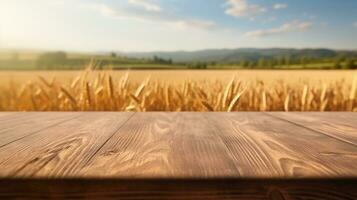 AI generated empty wooden table in the field with sun in the background photo