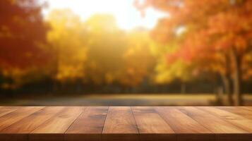 AI generated empty wooden table top over blurred autumn trees photo