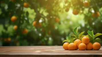 AI generated oranges on wooden table with blurred background photo